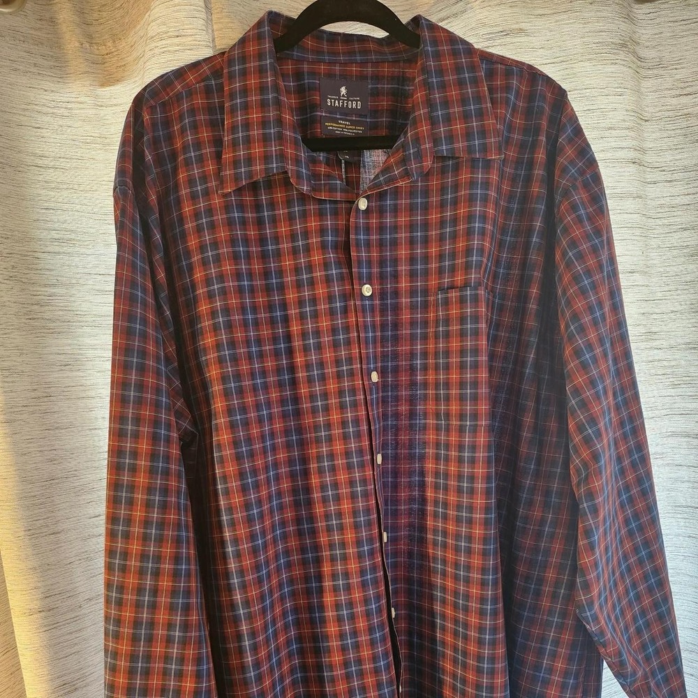 Stafford Mens Red Navy Tartan Plaid Button Up Shirt Big 19 36/37 Tailored Travel